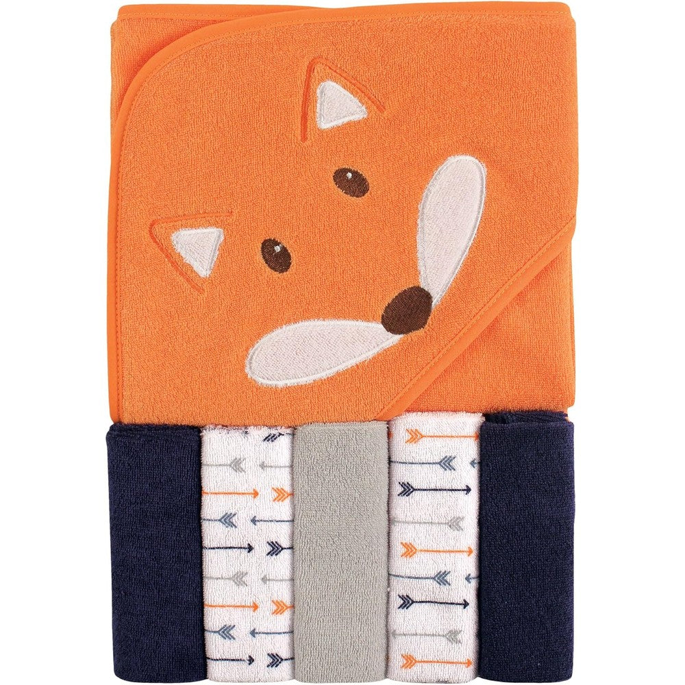 Luvable Friends baby boy fox hooded towel and washcloth set front view