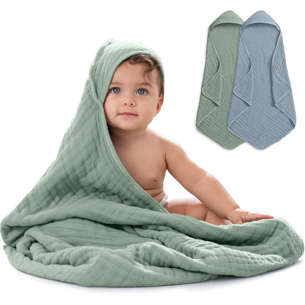 Comfy Cubs 6-layer muslin hooded baby towel 2-pack front view