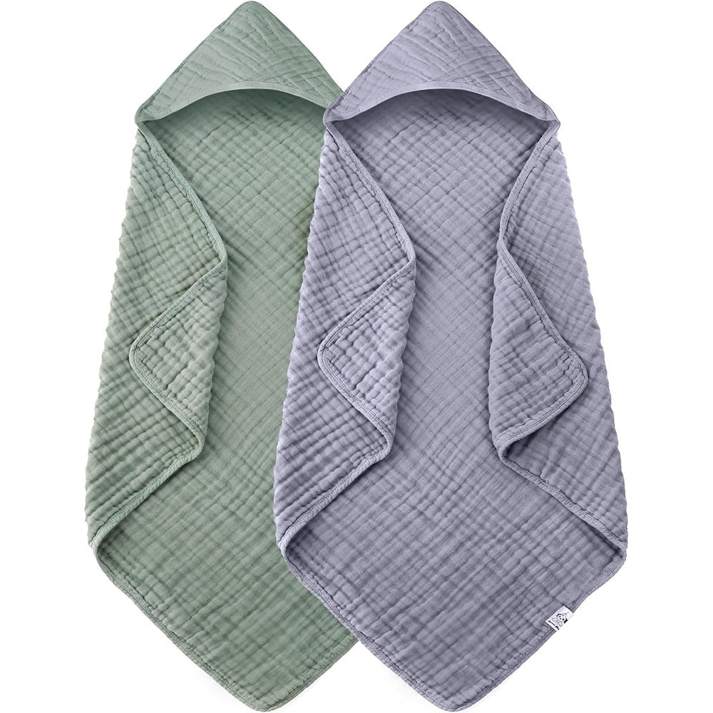 Spotted Play 2 pack hooded muslin baby towels in green and grey front view