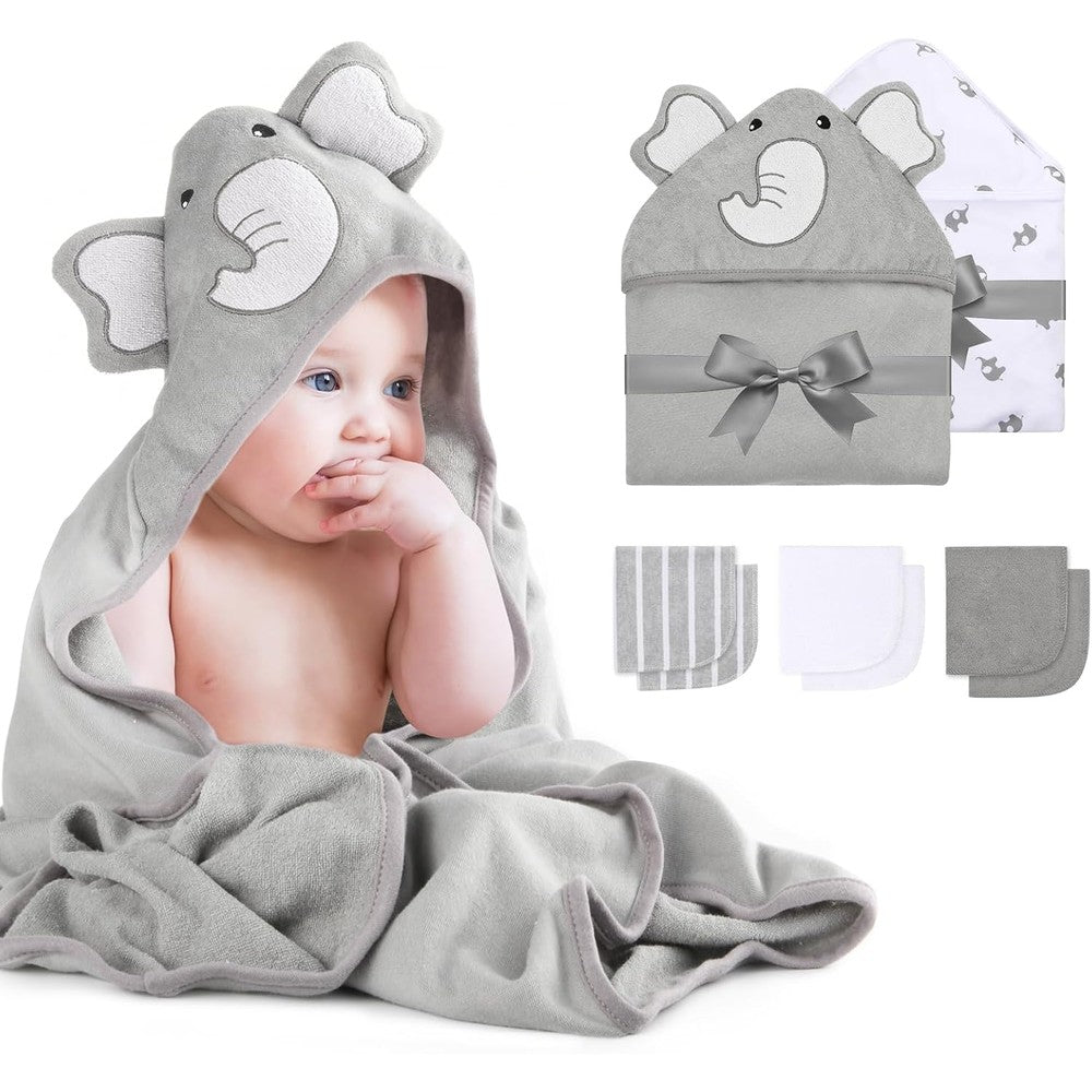 Momcozy 8-piece elephant hooded baby towel set front view