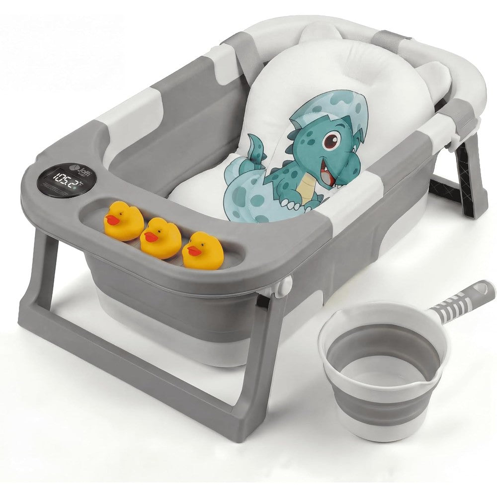 Joffi Baby collapsible bathtub front view with digital thermometer.