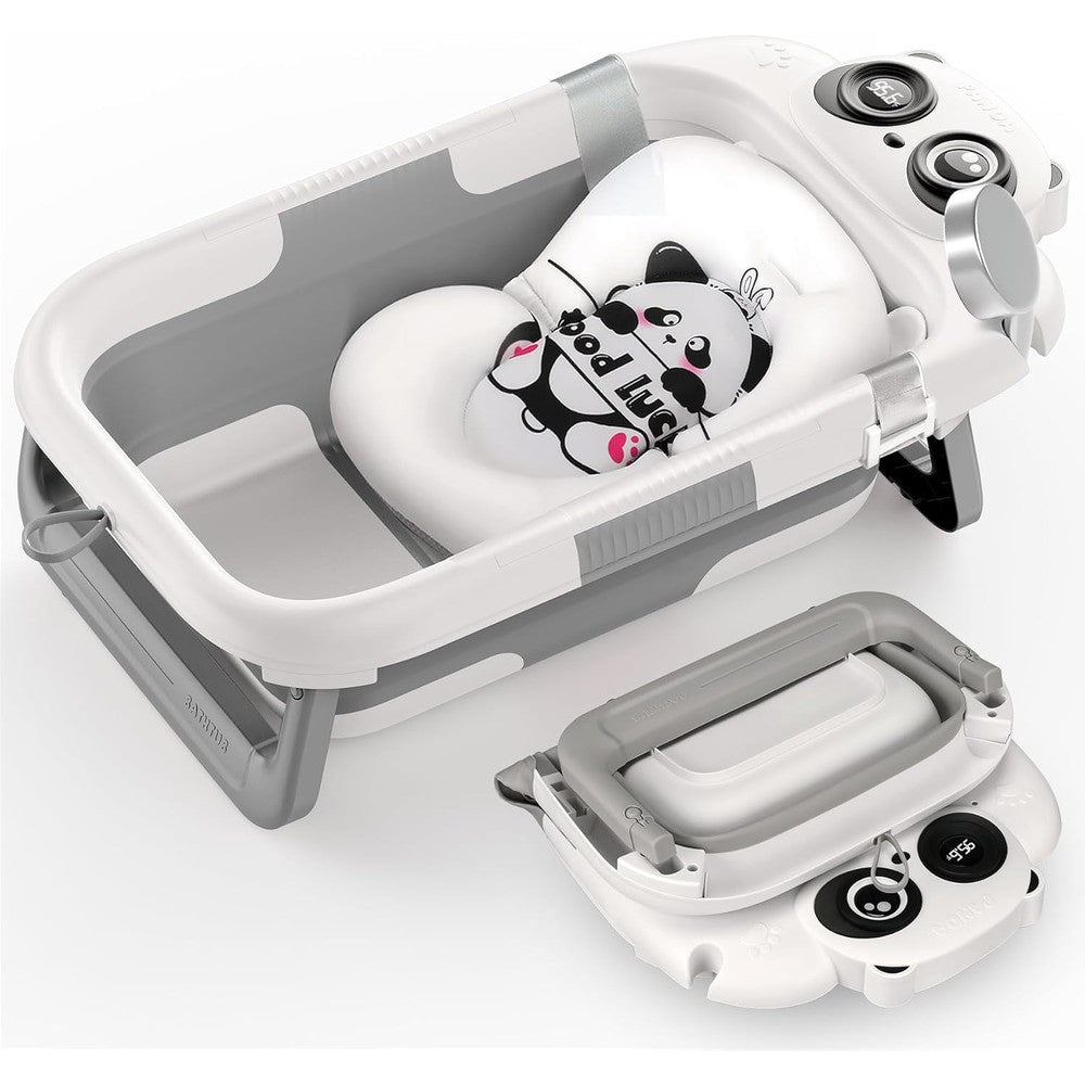 Wxxm foldable baby bathtub in grey front view with thermometer