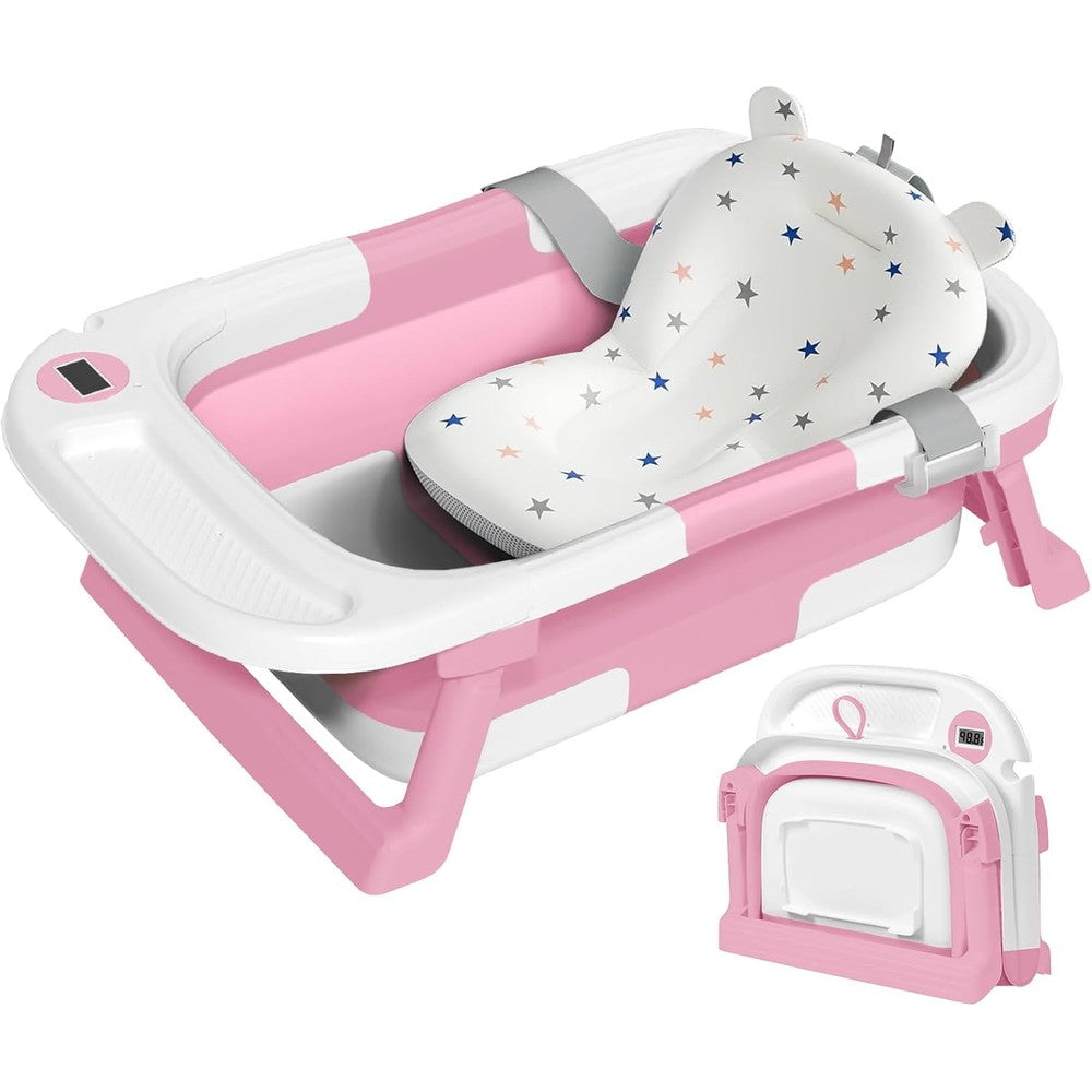 Richtots collapsible baby bathtub in pink with thermometer front view