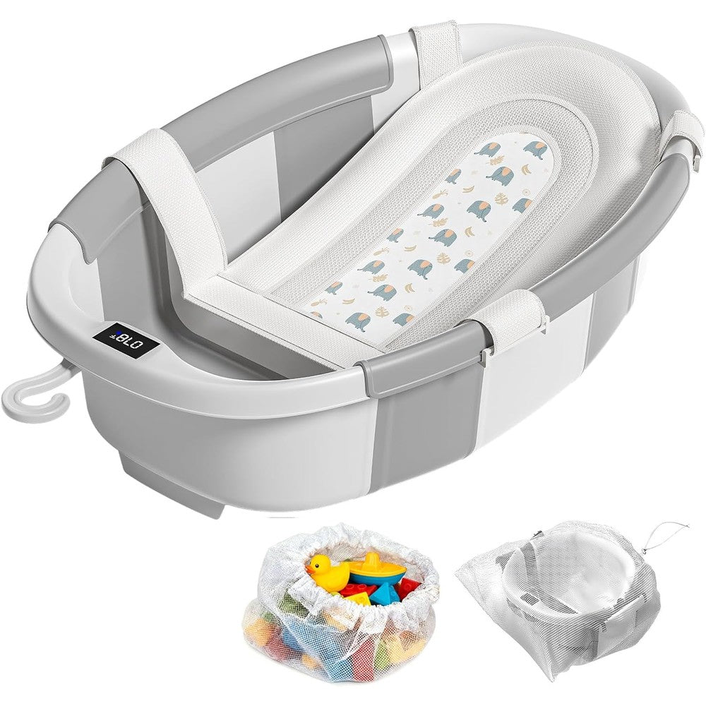 JoyYum collapsible baby bathtub with thermometer front view