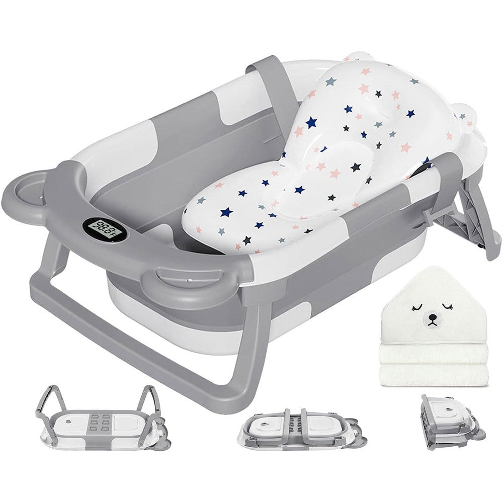MoreFeel collapsible baby bathtub with thermometer front view