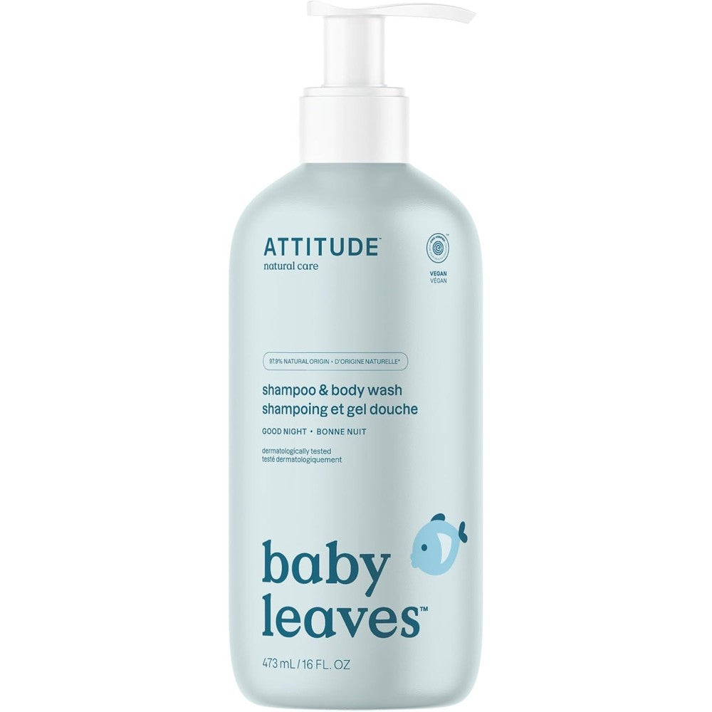 ATTITUDE Baby Leaves 2 in 1 Shampoo and Body Wash Good Night front view bottle for gentle baby bath