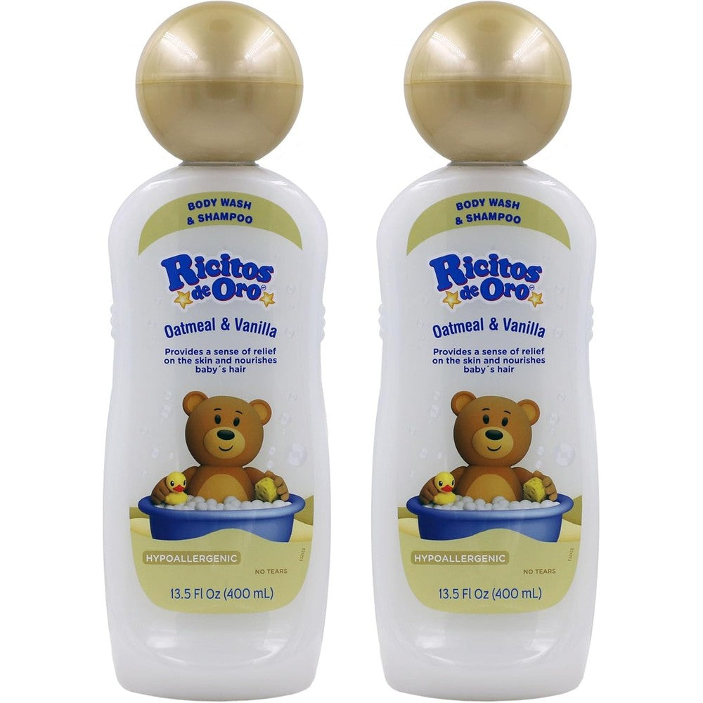 Ricitos de Oro Baby Shampoo and Body Wash front view of the two pack bottles containing oats and vanilla formula.