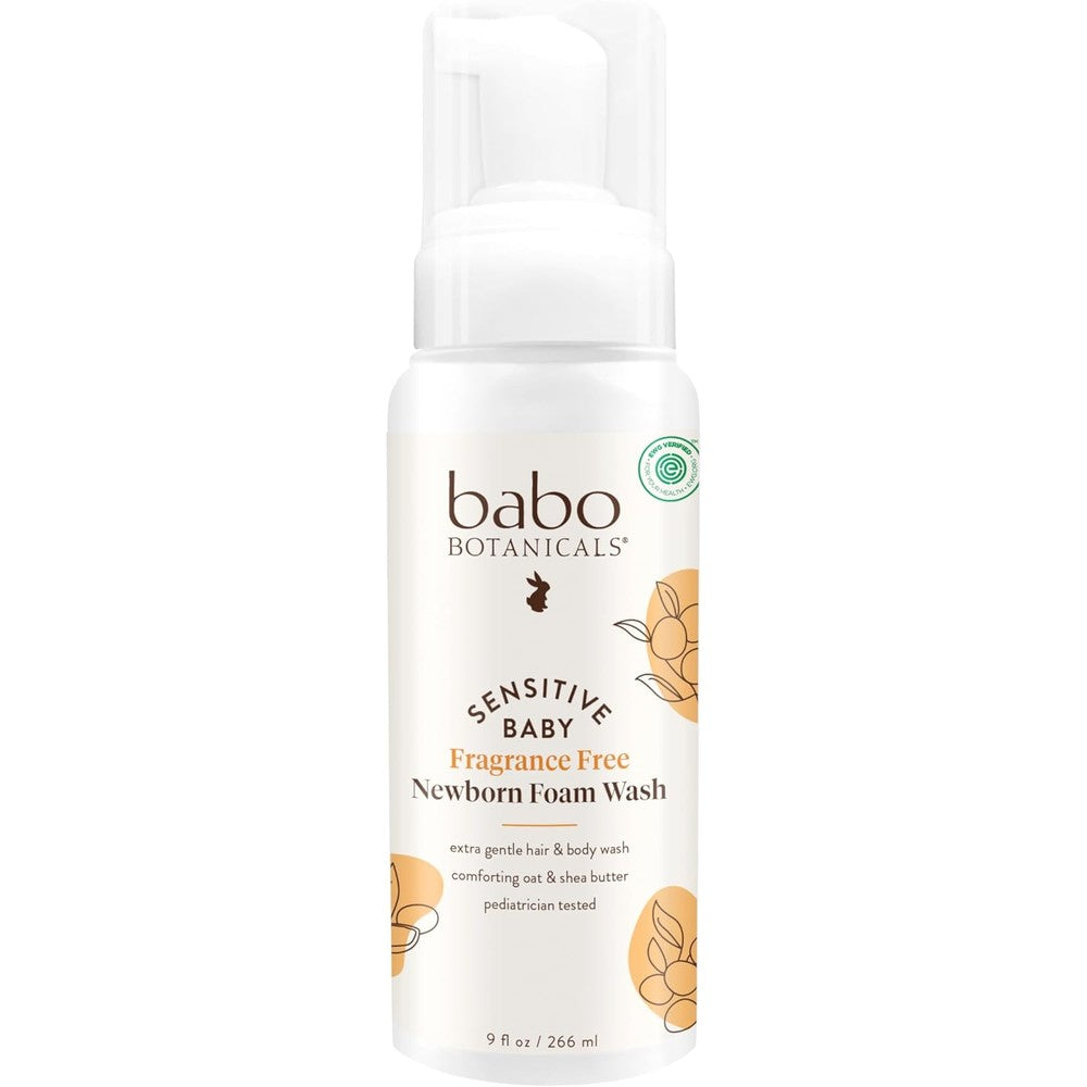 Babo Botanicals Sensitive Baby Fragrance Free Newborn Foam Wash front view of the nine fluid ounce bottle