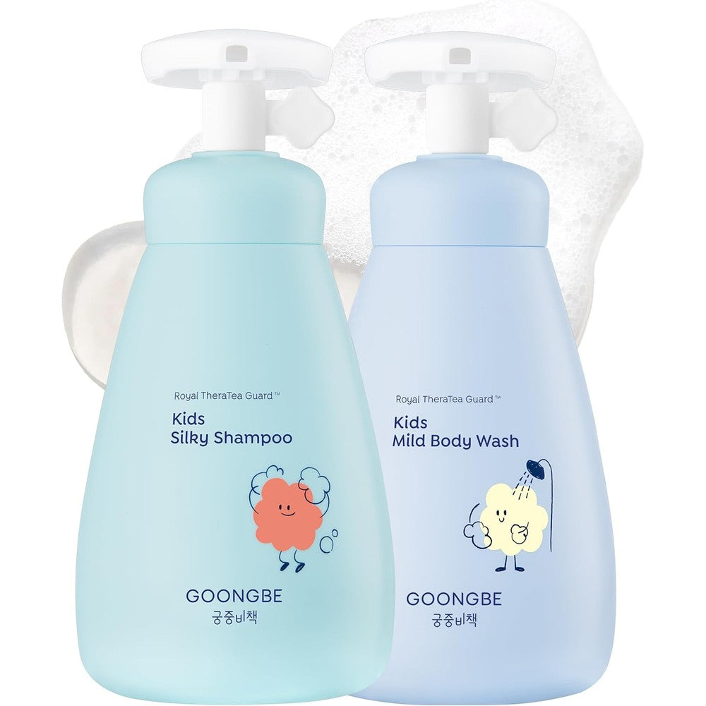 GOONGBE Kids Bath Time Set front packaging showcasing shampoo and body wash bottles for sensitive skin