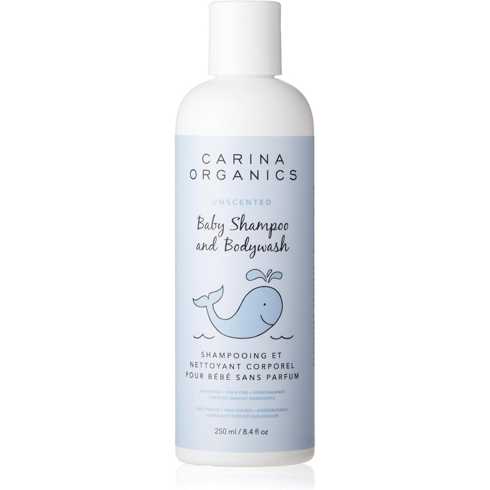 Carina Organics Unscented Baby Shampoo and Body Wash 250 milliliters front view bottle