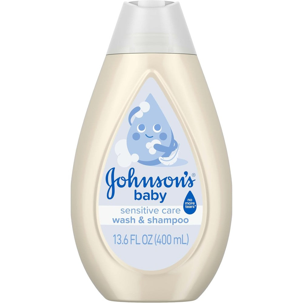 Johnson's Baby Sensitive Care Wash and Shampoo front view bottle showing premium USA packaging.