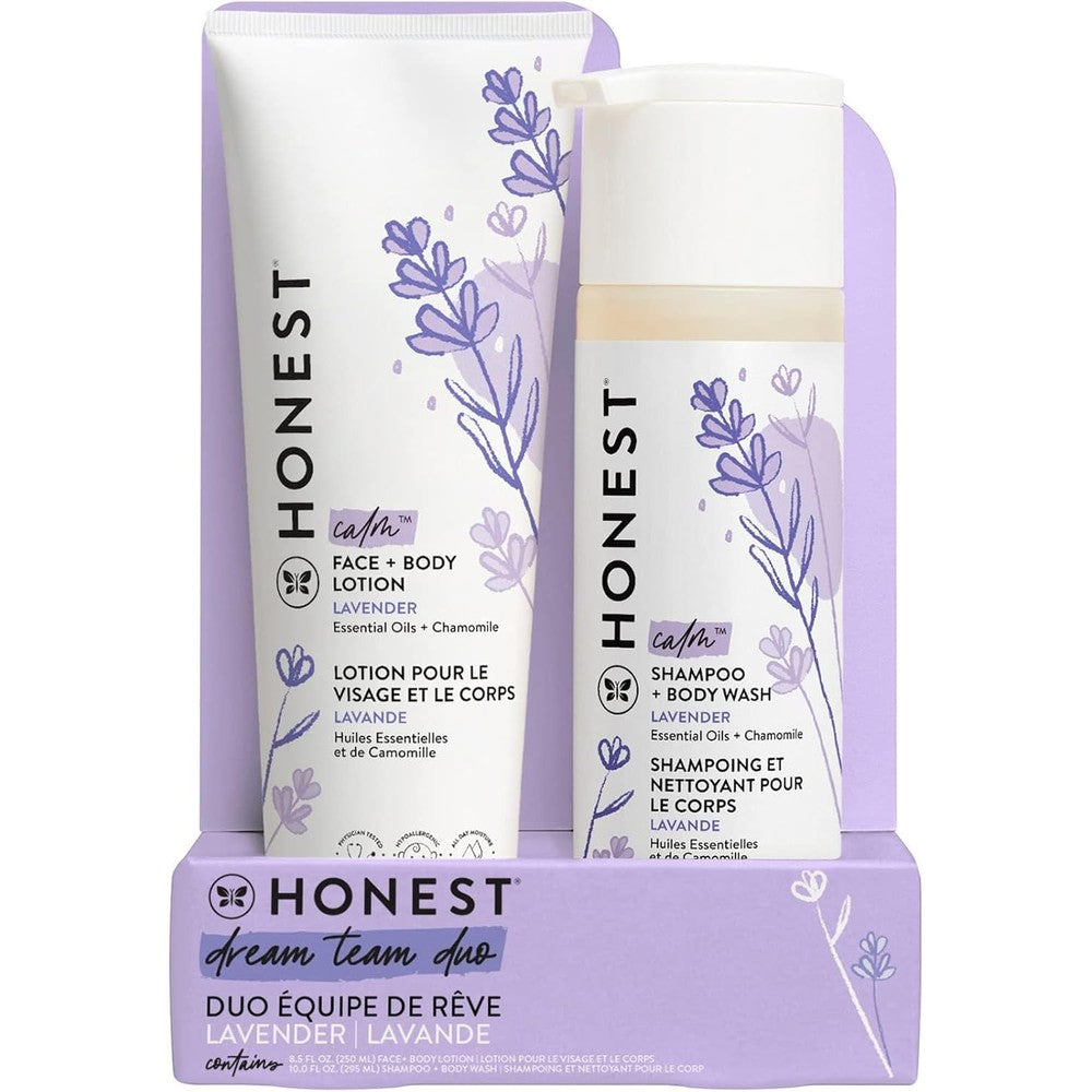 The Honest Company Lavender Shampoo and Lotion Bundle front view on a clean surface