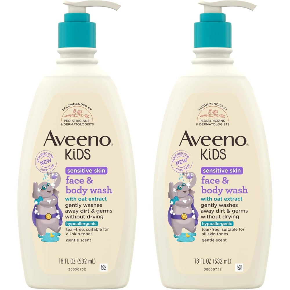 Aveeno Baby Kids Sensitive Skin Face and Body Wash front view showing twin pack packaging