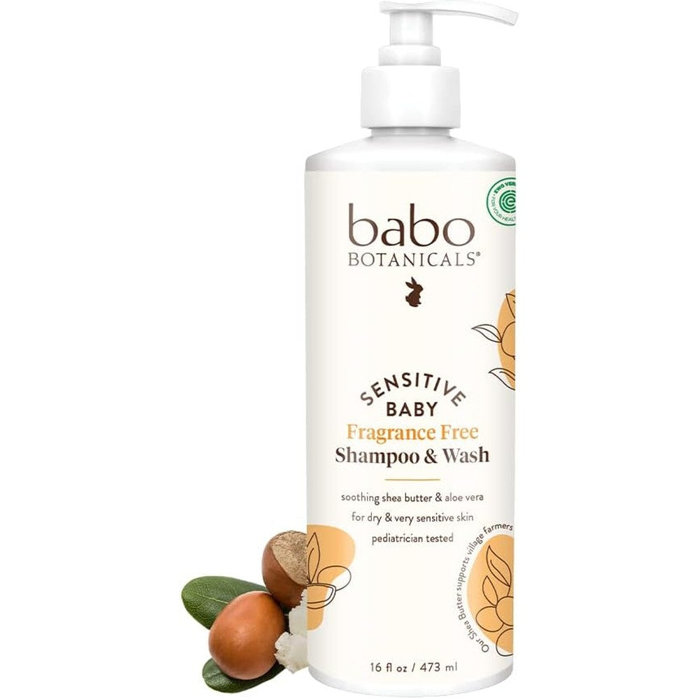 Babo Botanicals Sensitive Baby Fragrance Free Shampoo and Wash 16 Fluid Ounce front view