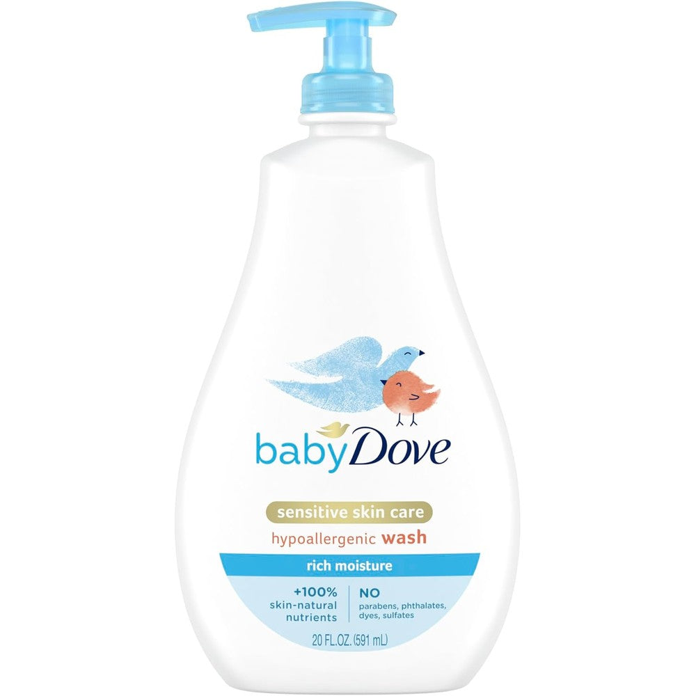 Baby Dove Sensitive Skin Care Rich Moisture Wash 20 Ounce front view bottle for gentle baby bath time.
