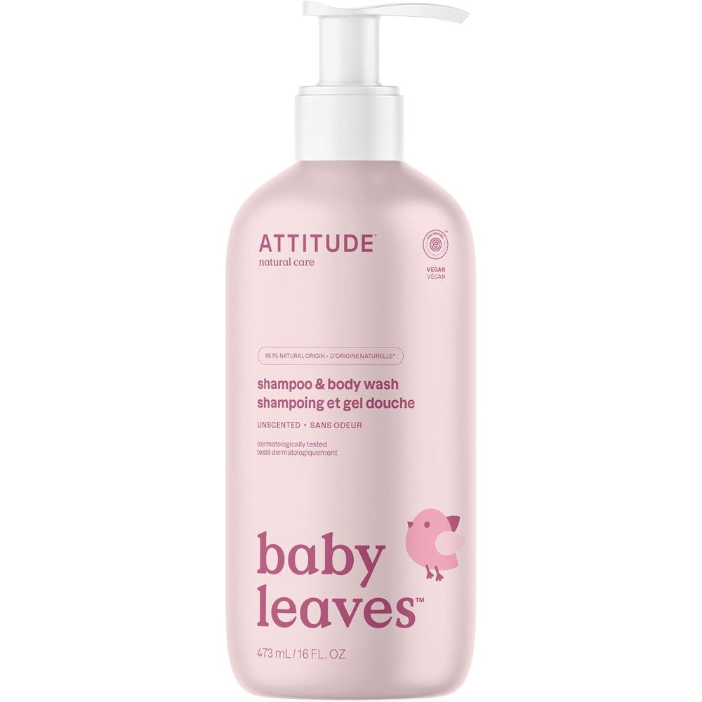 ATTITUDE Baby 2 in 1 Shampoo and Body Wash front view of the 16 fluid ounce bottle for gentle baby bathing.