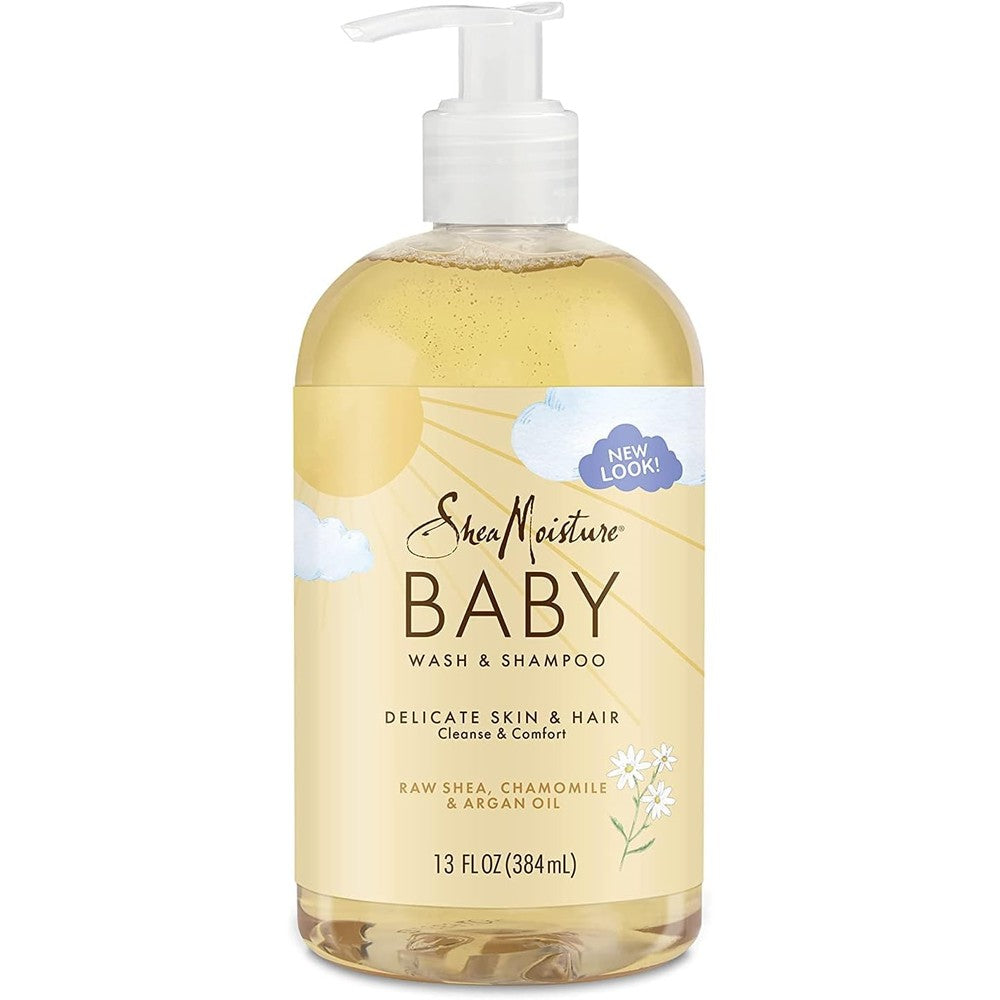 SheaMoisture Baby Wash And Shampoo front view bottle showing raw shea chamomile and argan oil label.