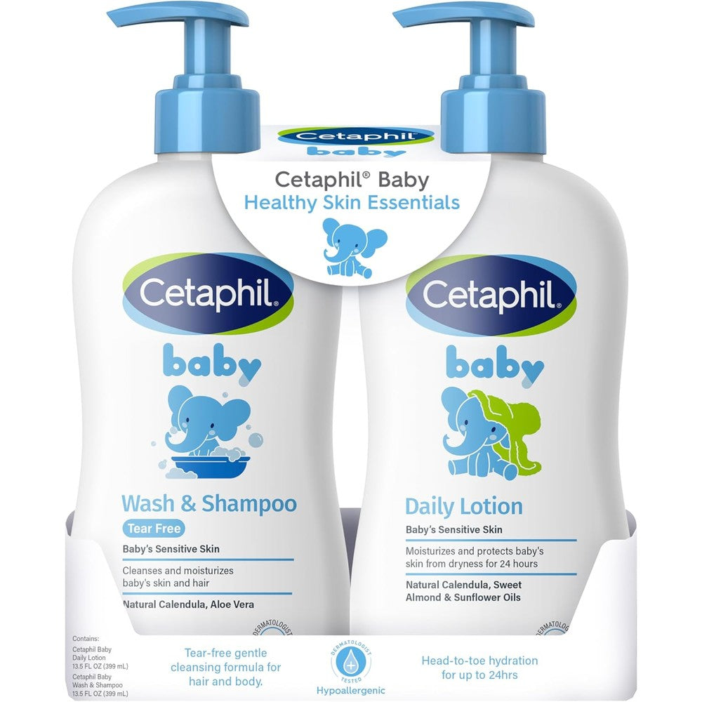 Cetaphil Baby Healthy Skin Essentials set showing the front view of the wash and lotion bottles.