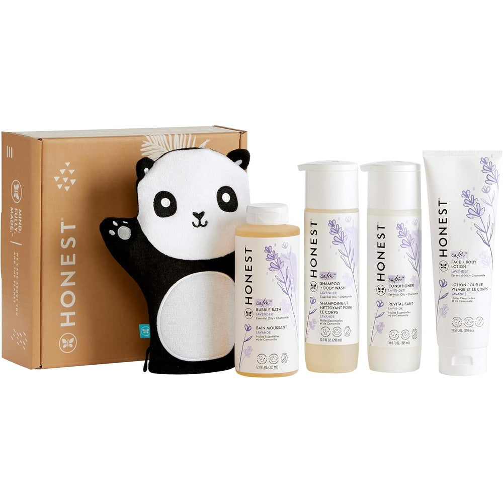 The Honest Company Lavender Bathtime Essentials Bundle With Panda Mitt Hypoallergenic Baby Care Set - Image 1