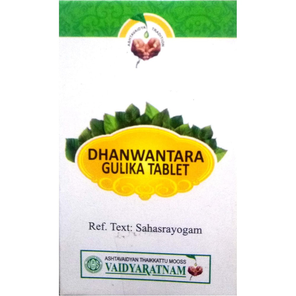 Vaidyaratnam Dhanwanthari Gulika Tablets 100 Number front view for digestive support