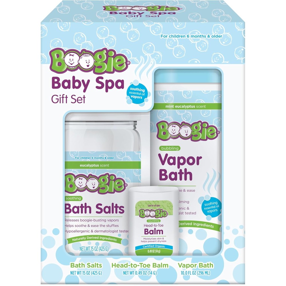 Boogie Baby Spa Gift Set front view with bath salts bubble bath and balm stick