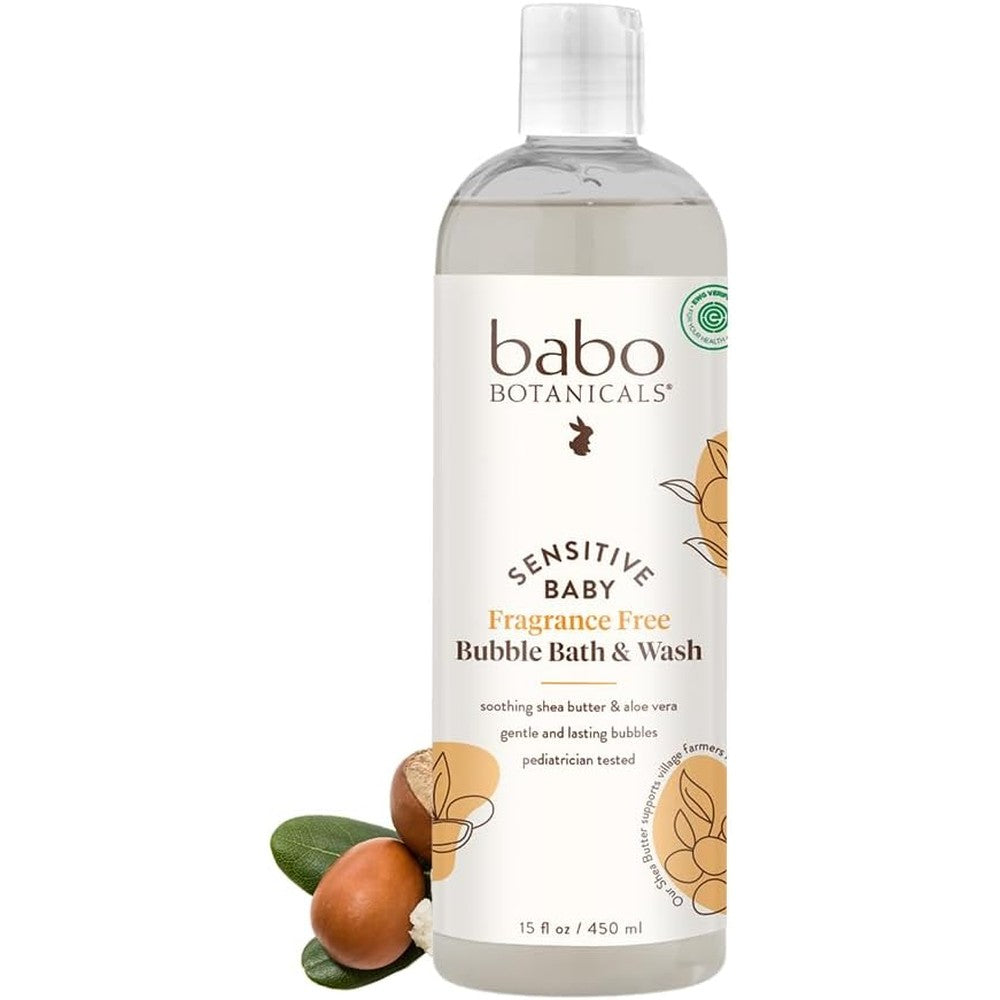 Babo Botanicals Sensitive Baby Fragrance Free 2-in-1 Bubble Bath and Wash front bottle view.
