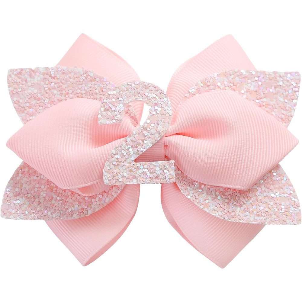 JiaDuo pink birthday hair bow front view with glitter