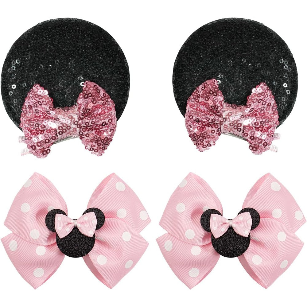 BBGifts pink mouse ears and polka dot bow hair clips front view