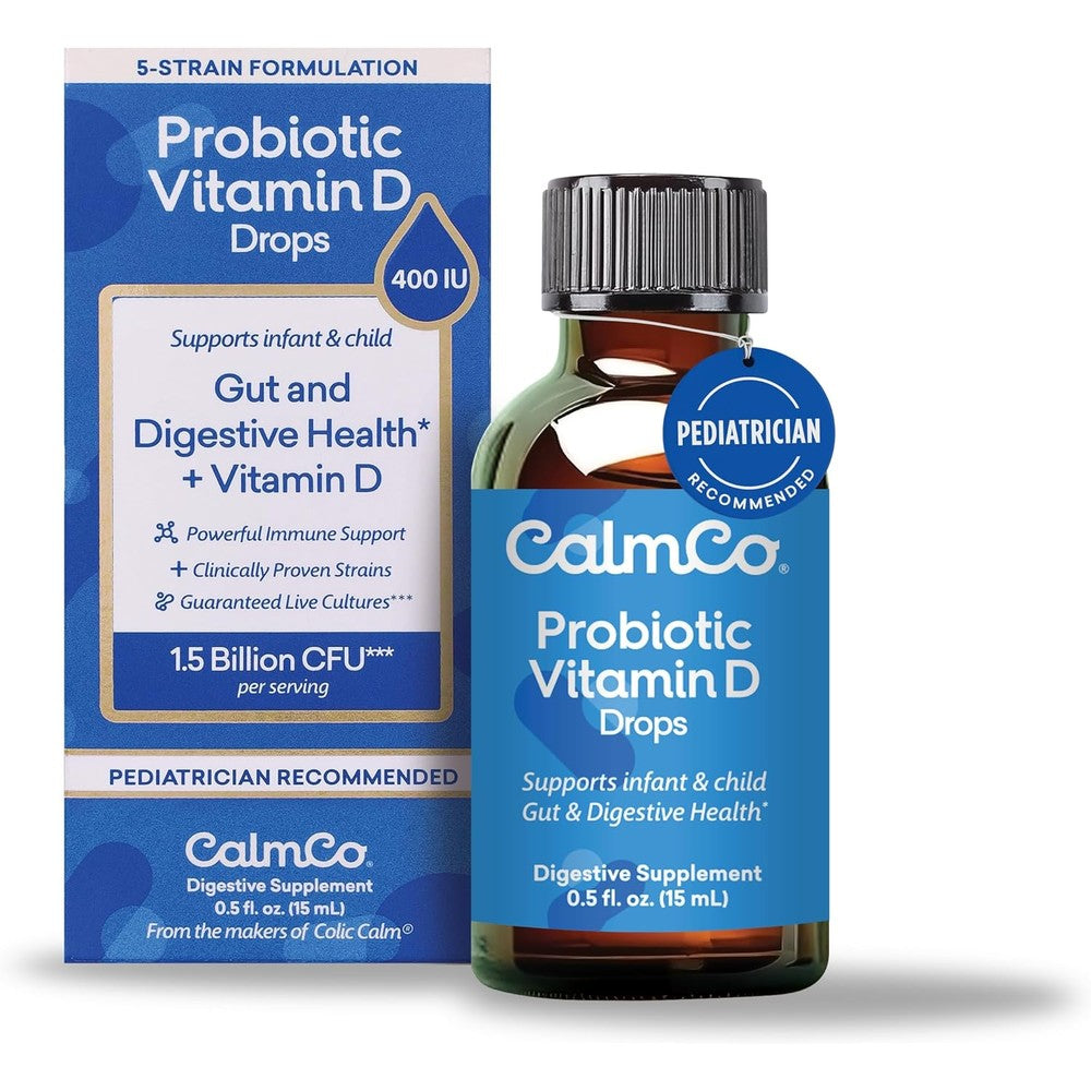 CalmCo Probiotic Vitamin D Drops bottle front view for infant gut health