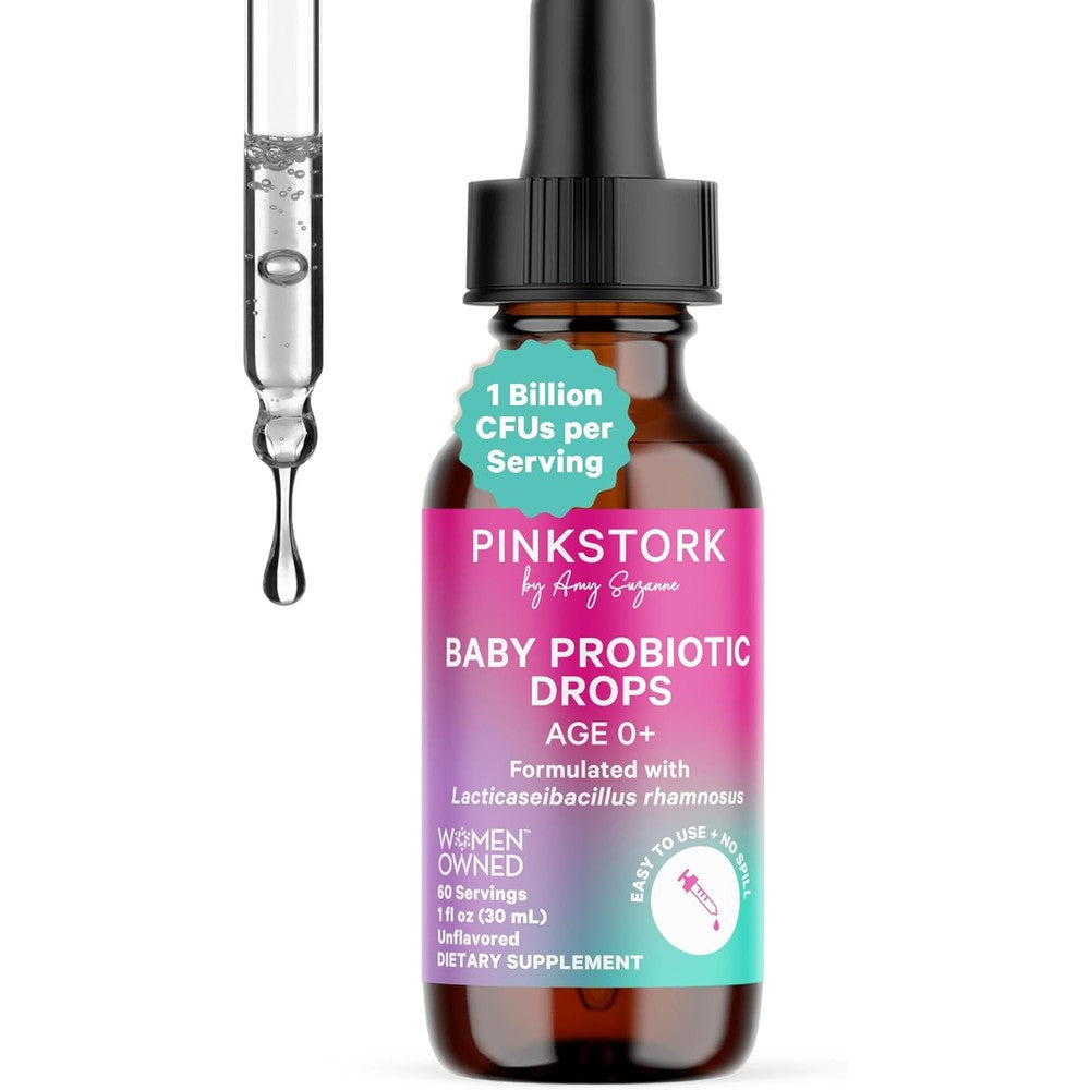 Pink Stork Baby Probiotic Drops bottle front view for infant digestive health