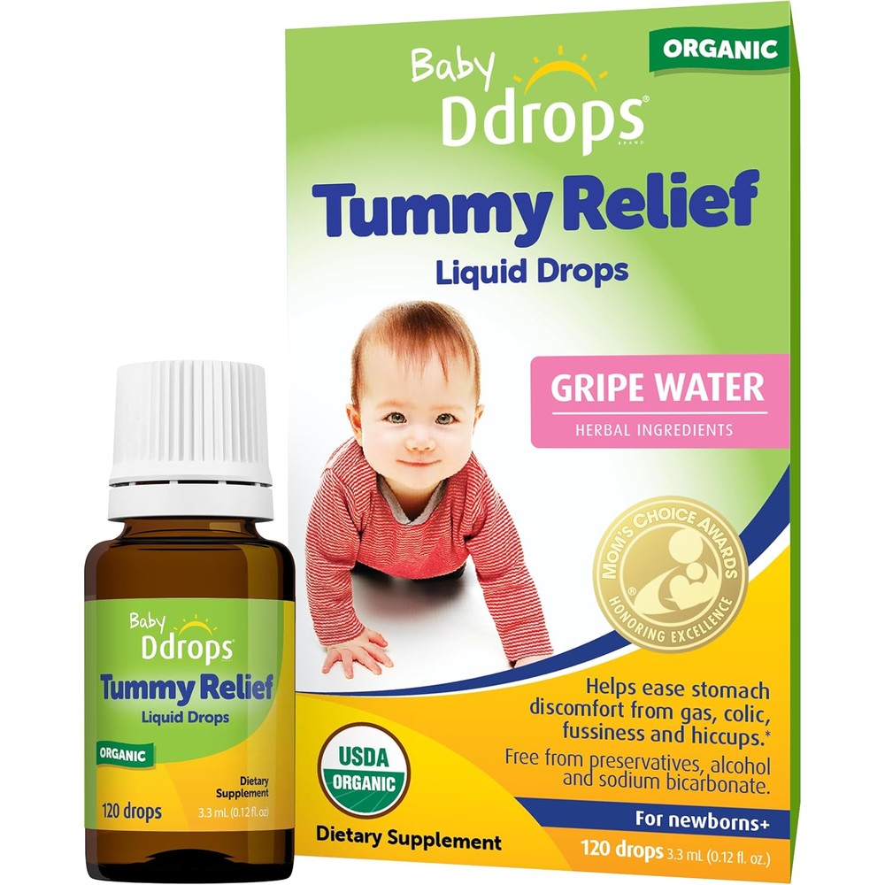 Ddrops Baby Tummy Relief Organic Gripe Water Drops front packaging for newborn colic relief