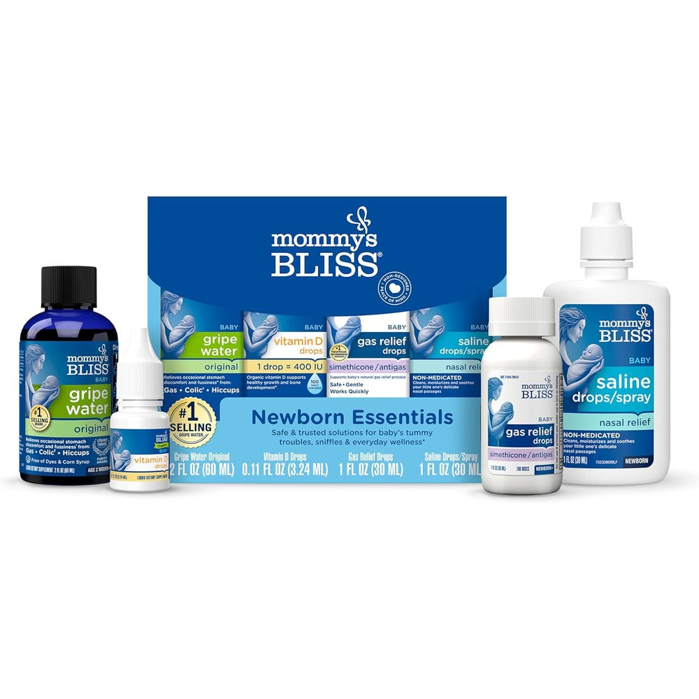 Mommy's Bliss Newborn Essentials 4-piece kit featuring gripe water and gas relief drops