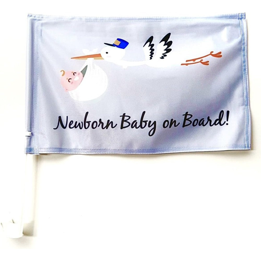 Generic Newborn Baby on Board car flag mounted on a vehicle window.