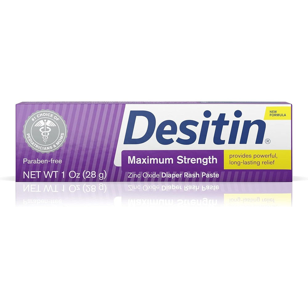 Desitin Maximum Strength Diaper Rash Paste front view showing forty percent zinc oxide packaging.