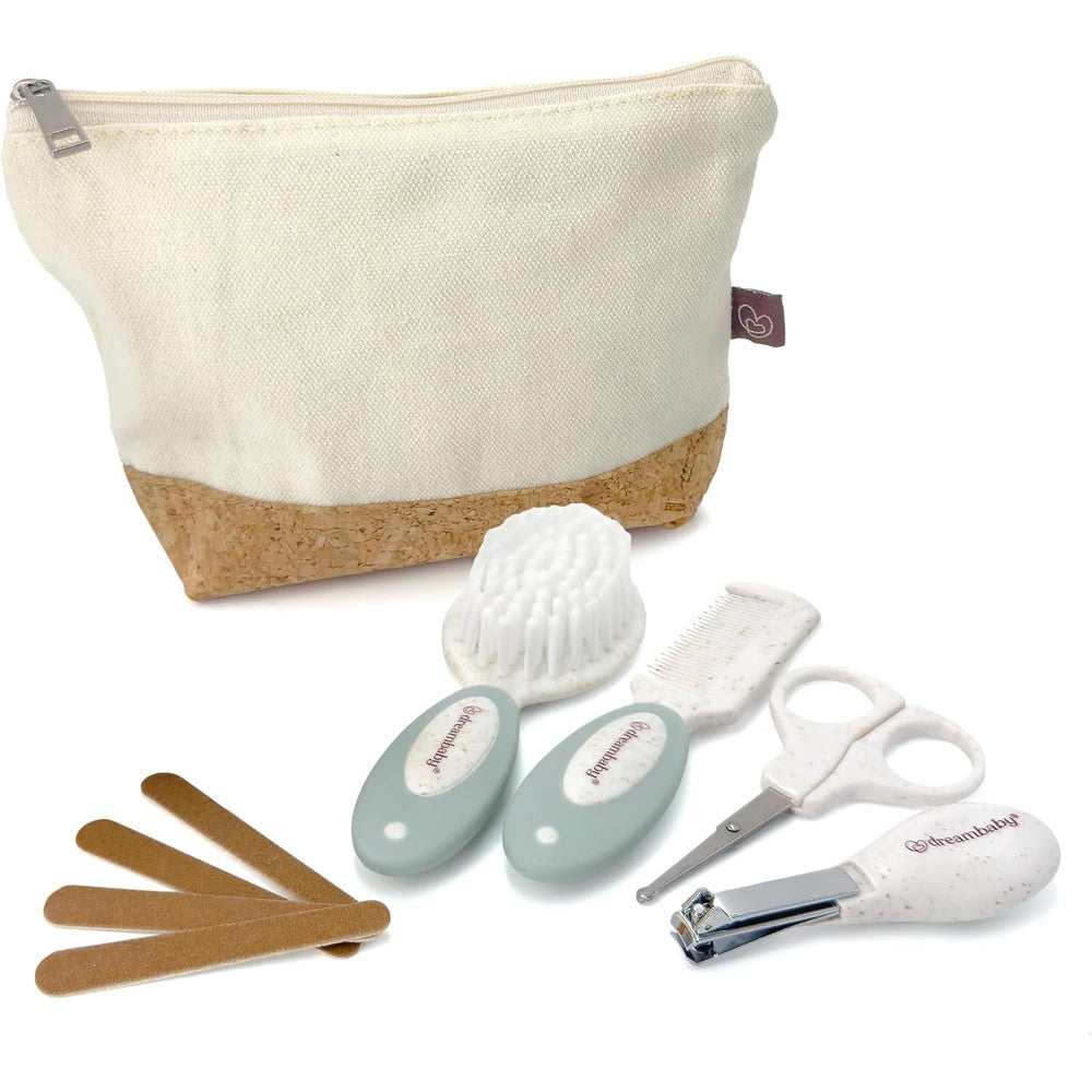 Dreambaby Neat and Tidy 9 Piece Wheatgrass Baby Grooming Kit front view with travel bag