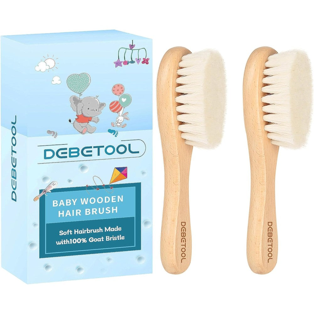 Debetool baby hair brush 2 pack front view with natural wooden handles