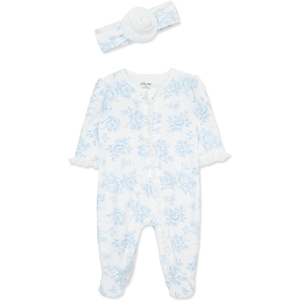 Little Me baby girl blue rose floral footie set front view