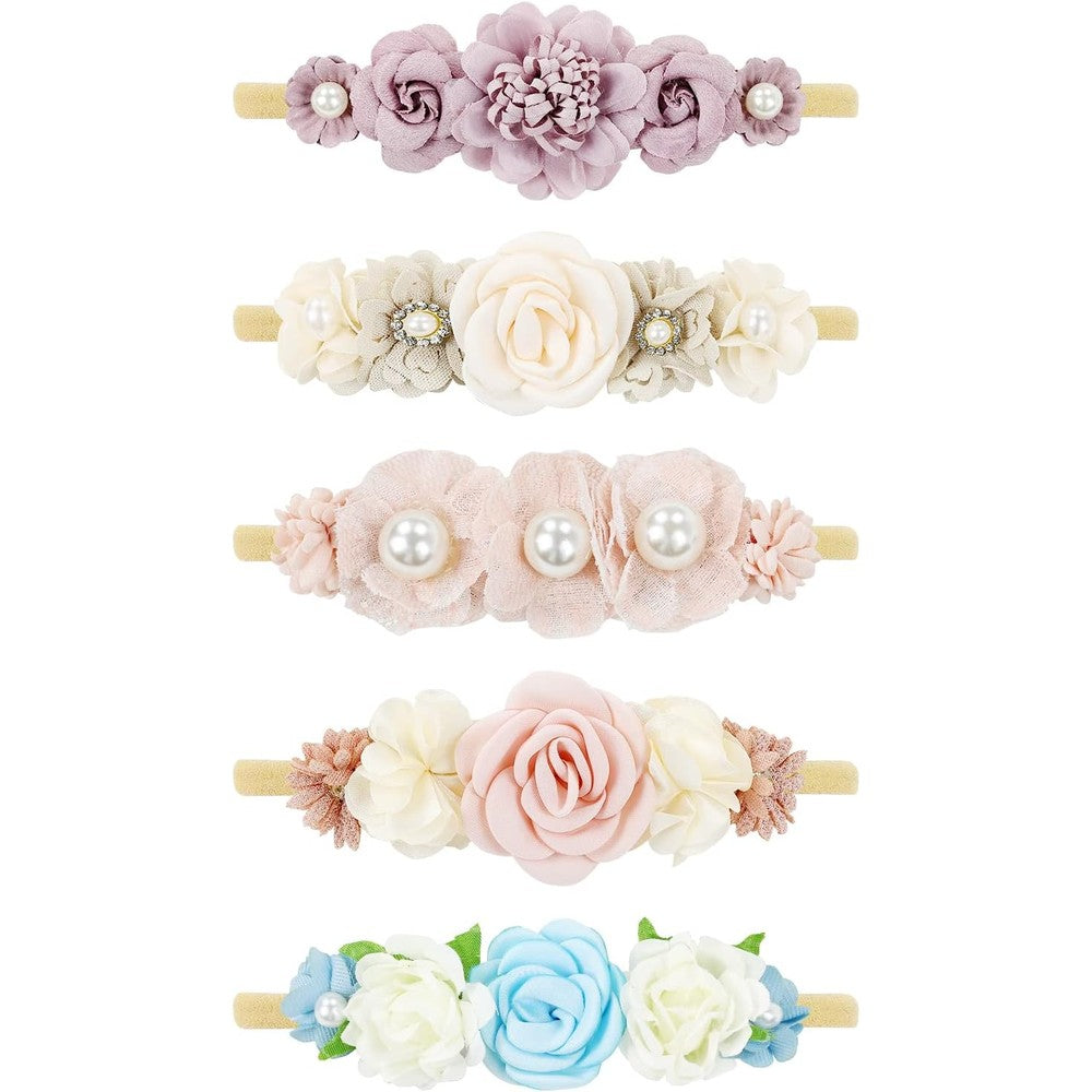 Cinaci 5 Pack Delicate Floral Flower Nylon Headbands For Baby Girls Newborns Infants And Toddlers Multicolor Soft Stretchy Hair Accessories - Image 1