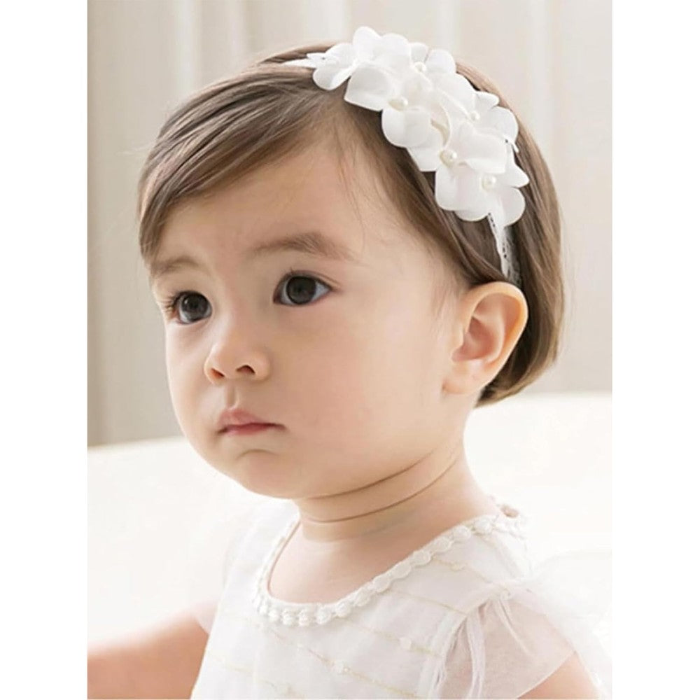 Generic white floral pearl headband for newborn baby girl front view