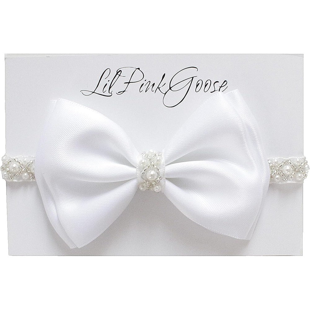 LilPinkGoose newborn baptism pearl headband with white satin bow front view