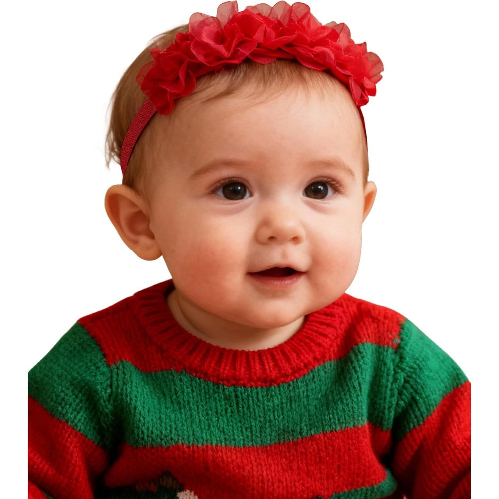 Fmeida baby girls flower crown headband front view featuring vibrant red chiffon flowers on a soft nylon band.