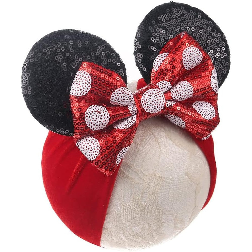 Jiahang baby girl mouse ears headwrap with red sequin bow front view