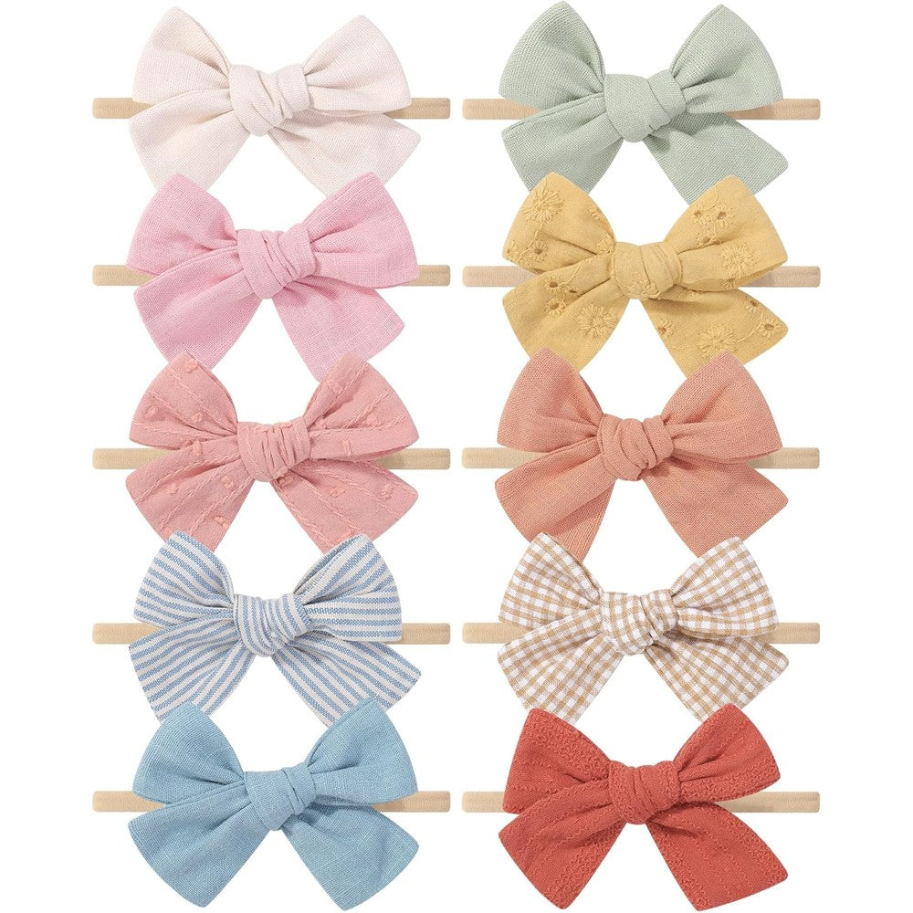 Doboi 10 piece baby girl nylon and cotton bow headbands front view
