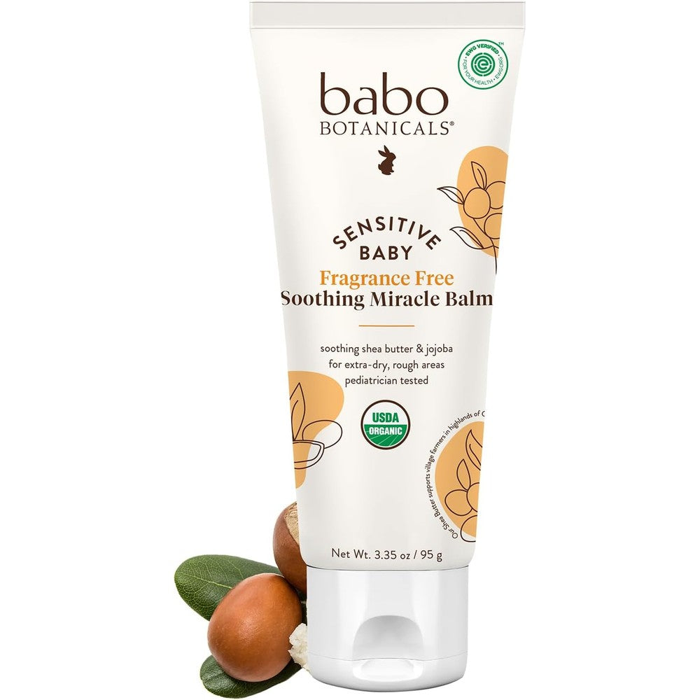 Babo Botanicals Sensitive Baby Fragrance Free Soothing Miracle Balm front view packaging for organic baby skincare India