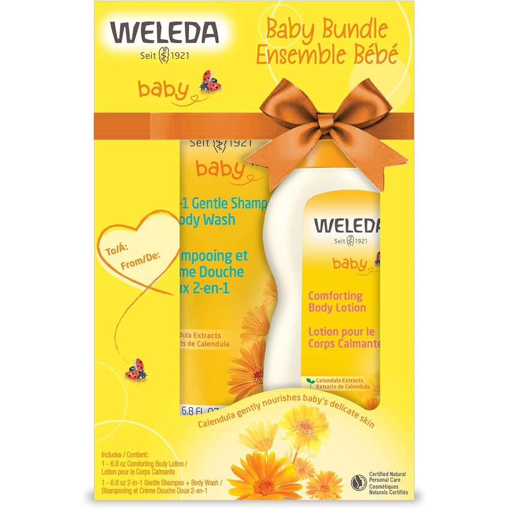 Weleda Baby Calendula Bundle front view showing the shampoo body wash tube and comforting body lotion bottle