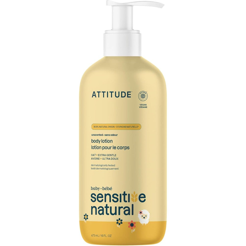 Attitude Baby Sensitive Natural Body Lotion front view showing sixteen fluid ounce bottle packaging.