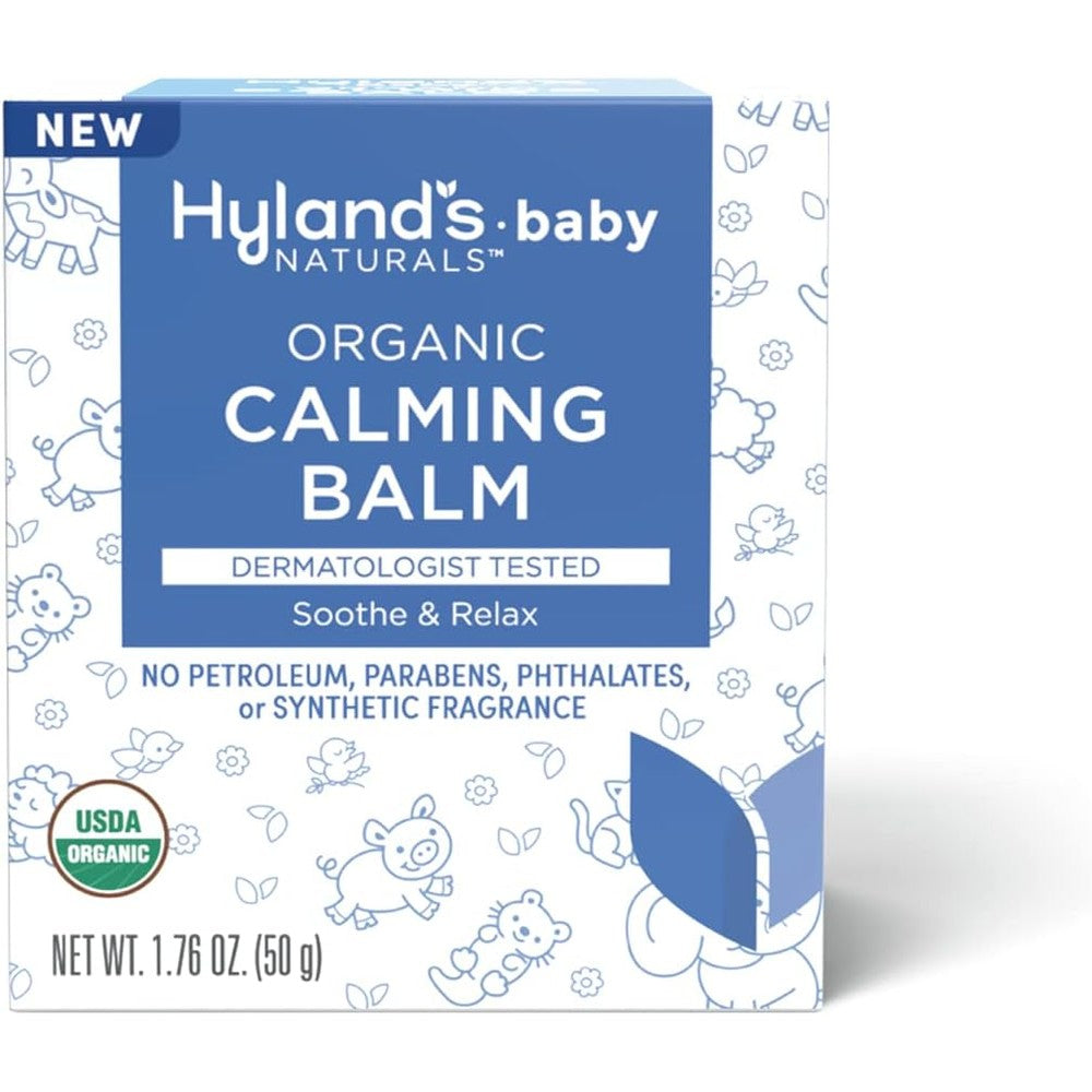 Hyland's Baby Organic Calming Balm front view showing certified organic baby product packaging