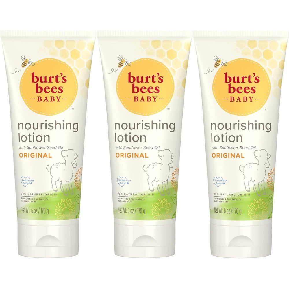 Burt's Bees Baby Nourishing Lotion Original Scent 3-pack front view for gentle baby skincare.
