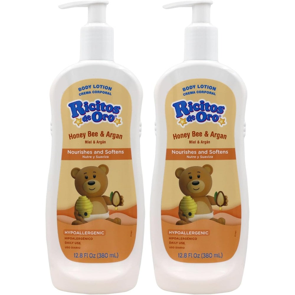 Ricitos de Oro Honey and Argan Baby Body Lotion front view showing the 12.8 fluid ounce bottle packaging.