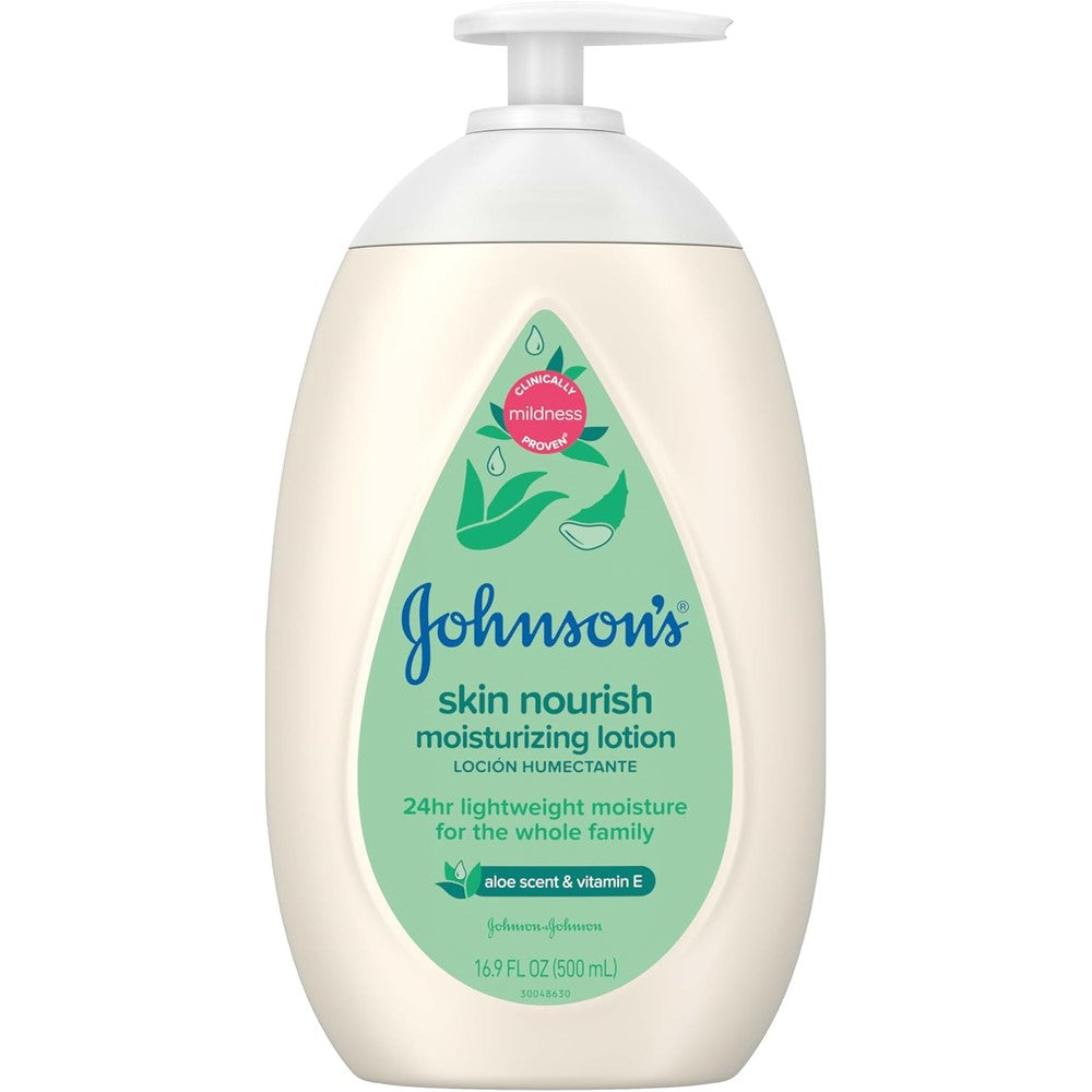 Johnson's Baby Skin Nourish Moisturizing Lotion front view showing the sixteen point nine fluid ounce bottle with aloe vera scent and vitamin E branding.